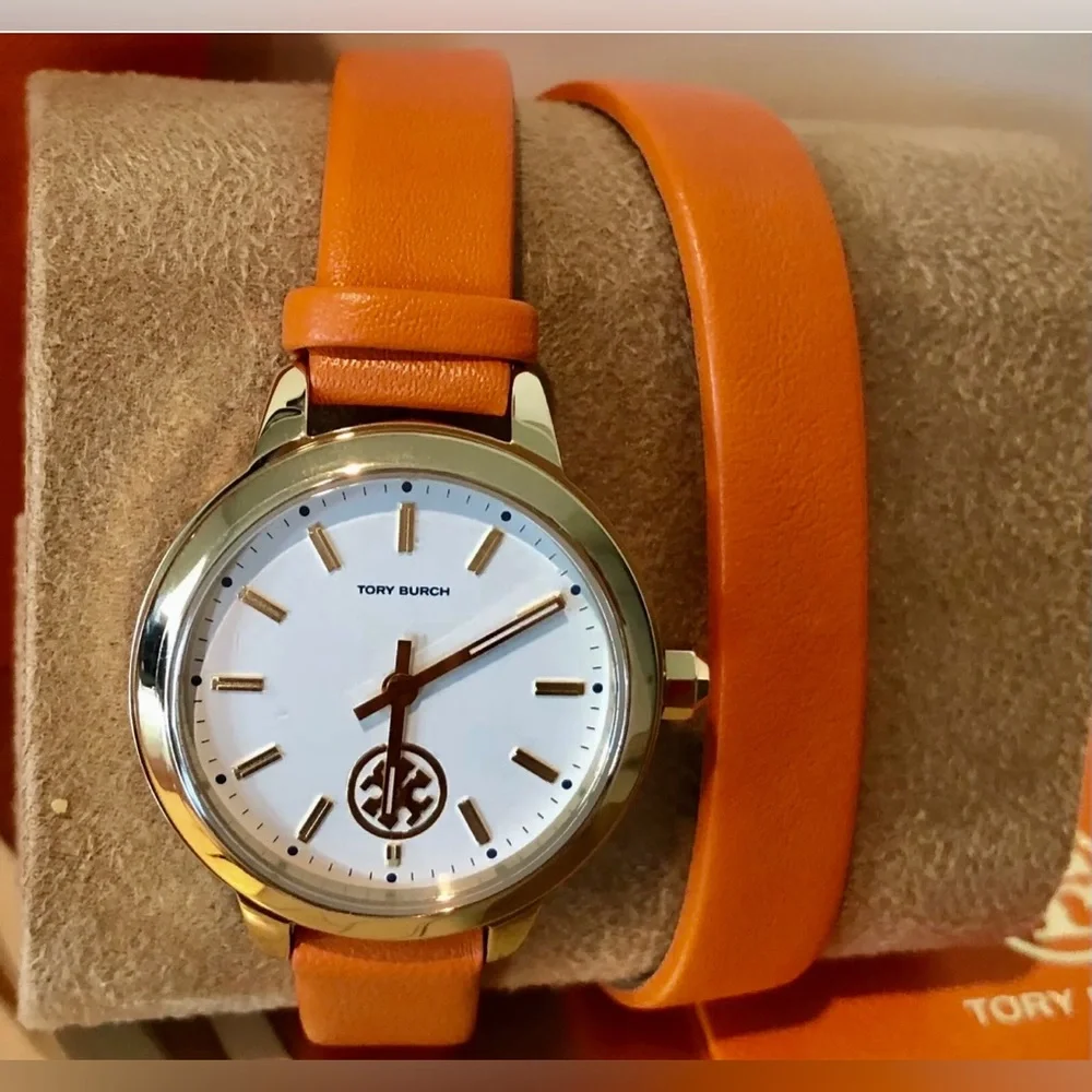 NIB TBW1302 TORY BURCH Collins Orange Double Wrap Gold Case Women's Watch